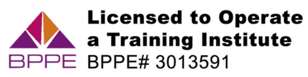 Licensed to Operate a Training Institute - BPPE# 3013591, offering top-notch PDR Training in California, with a logo featuring a purple and orange geometric design.