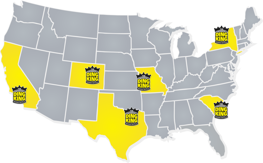 A map of the United States highlighting six states in yellow (California, Nevada, Texas, Michigan, Florida, and New York) with the "Ding King" logo placed over each highlighted state, emphasizing PDR Training in California.