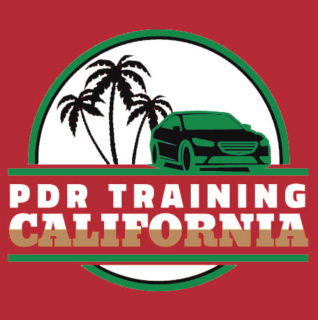 Logo of PDR Training California featuring a green and black car, two palm trees, and text on a circular background with a red, green, white, and gold color scheme. Perfect for your website's footer to enhance its SEO appeal.