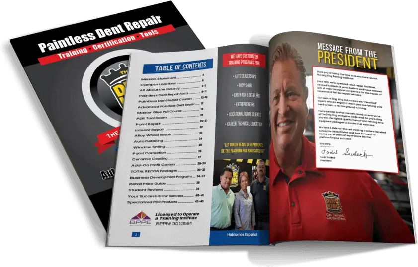 Open brochures for a PDR Training in California, featuring a table of contents, a message from the president, and images of staff members.