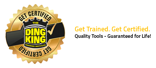 Logo of The Ding King Training Institute with the text "Get Trained. Get Certified. Quality Tools - Guaranteed for Life!" and a black and yellow design featuring a crown, a certification badge, and highlighting PDR Training in California.