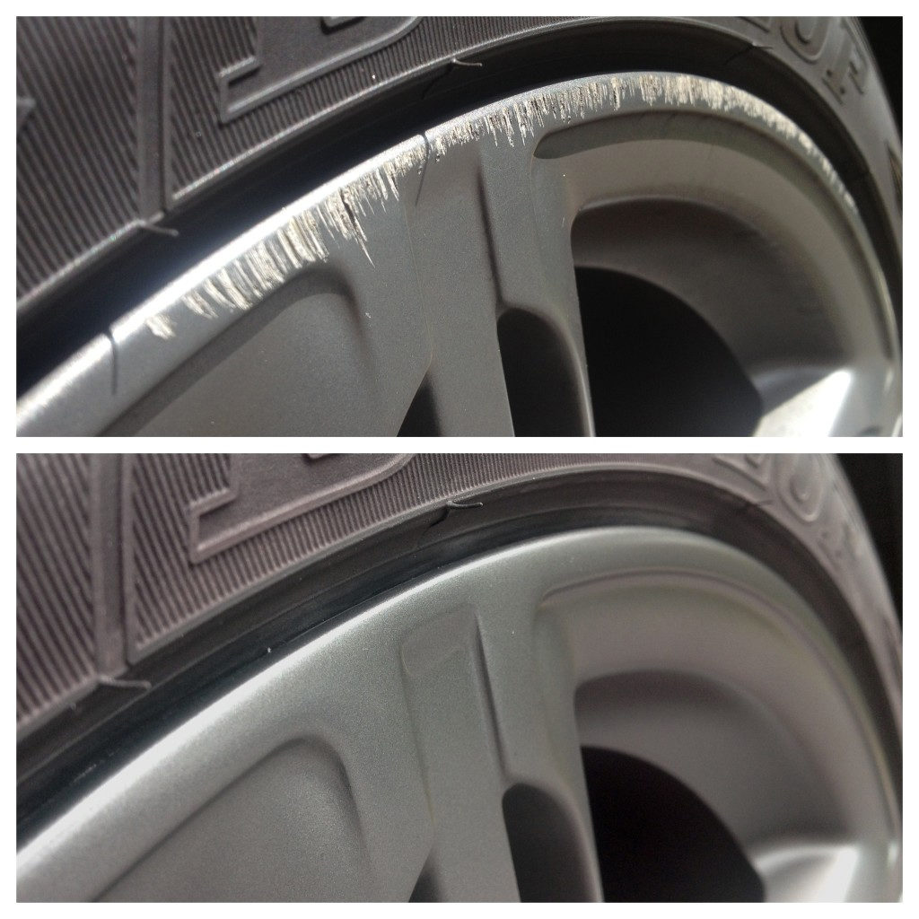 Two images show the same car rim. The top image depicts noticeable curb rash with scrapes and gouges, while the bottom image shows the rim repaired, looking smooth and undamaged—a testament to the skills gained from PDR Training in California.