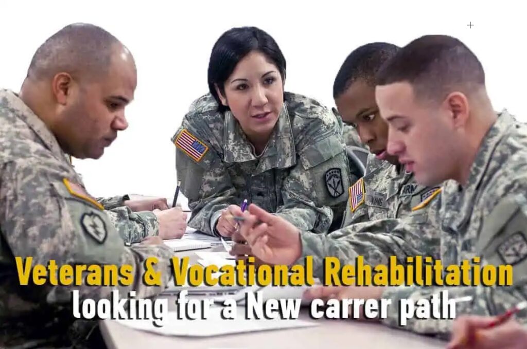 Four military personnel in uniform are seated around a table, discussing something with paperwork in front of them. The text reads, "Veterans & Vocational Rehabilitation looking for a new career path with PDR Training Courses.