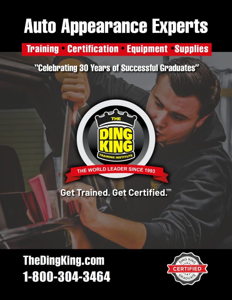 A person repairs a car dent using specialized tools. The poster advertises The Ding King Training Institute, highlighting advanced PDR training, certification, equipment, and supplies for auto appearance experts.