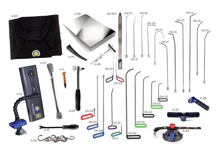 A comprehensive set of dent repair tools, including rods, hammers, a tool bag, reflective accessories, and a light. Perfect for PDR training courses, each tool is labeled with an alphanumeric code for identification.