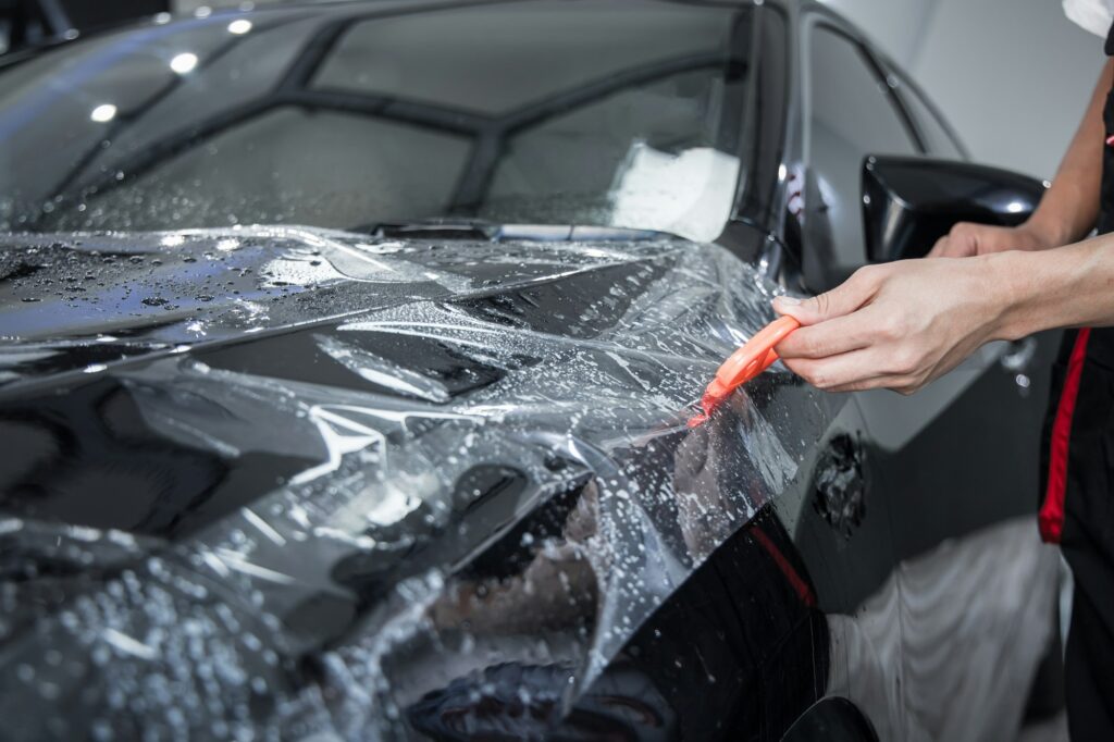 Mechanic installs car paint protection film.