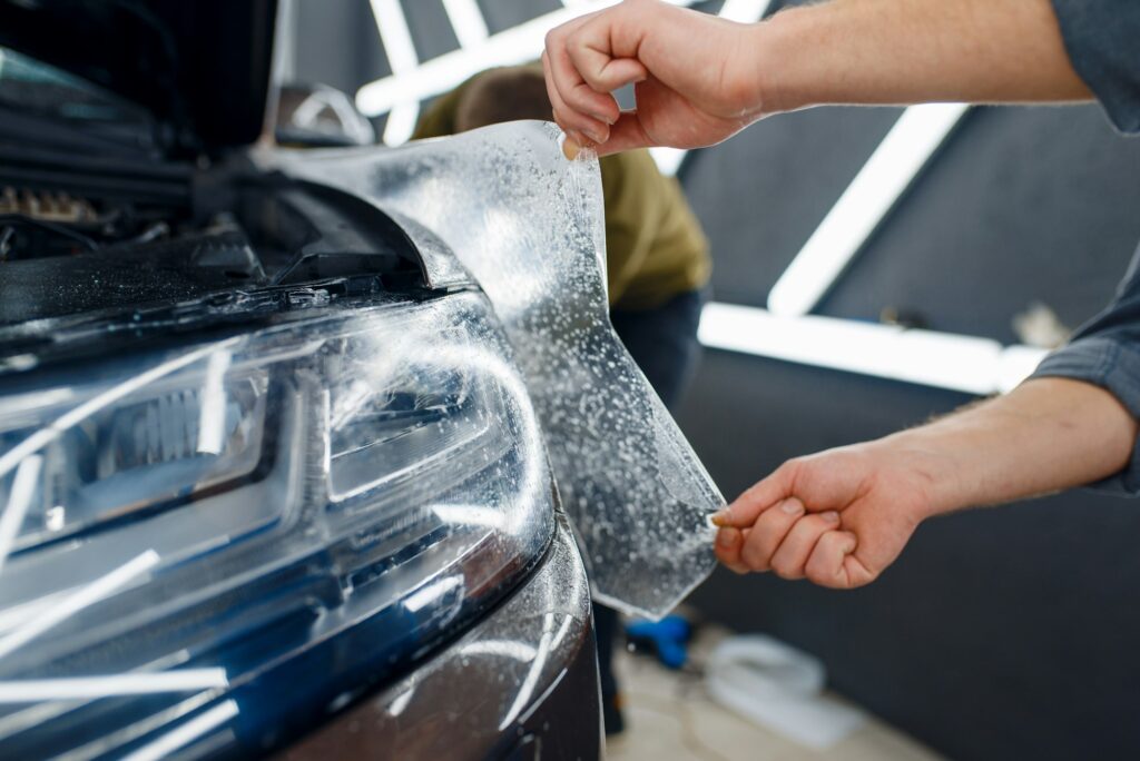 Worker applies car protection film on front fender