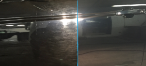 A close-up of a car door showcases a side-by-side comparison: the left side marred with scratches and swirl marks, while the right boasts a glossy finish, thanks to expert clear coat repair.